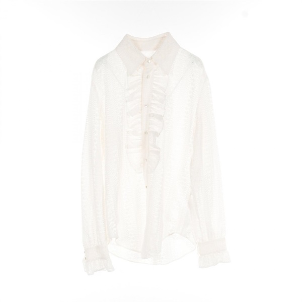 GUCCI blouse #46 mesh frill shirt polyester White Used