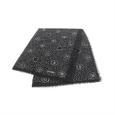 CHANEL COCO Mark Stole shawl wrap scarf cashmere Black White Used Women CC