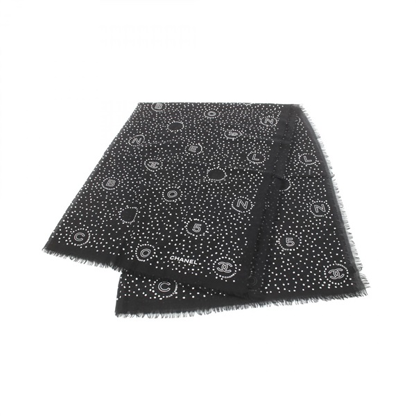 CHANEL COCO Mark Stole shawl wrap scarf cashmere Black White Used Women CC