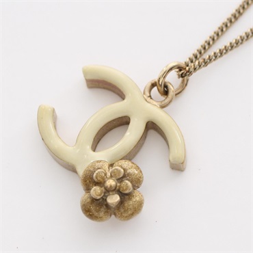 CHANEL COCO Mark Camelia Necklace Gold Plated White Pendant Used women CC