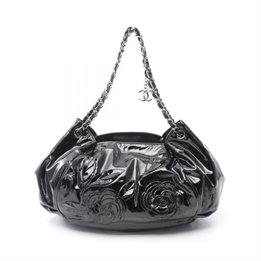CHANEL Camelia W chain Shoulder Bag Patent leather Black SHW Used Women coco