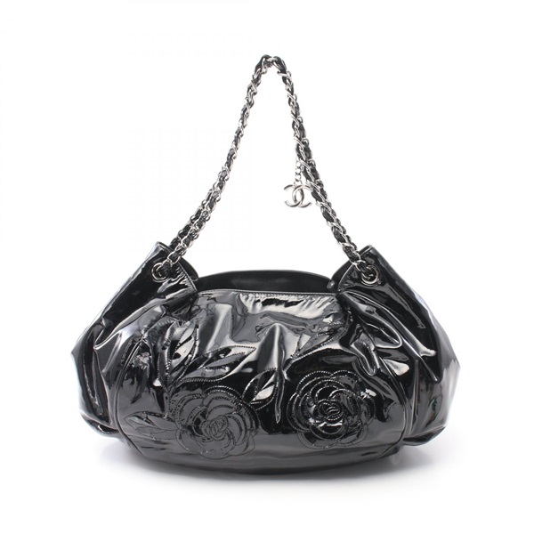 CHANEL Camelia W chain Shoulder Bag Patent leather Black SHW Used Women coco