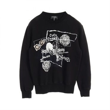 CHANEL Camellia graphic logo sweatshirts tops cotton Black Used Women size XS
