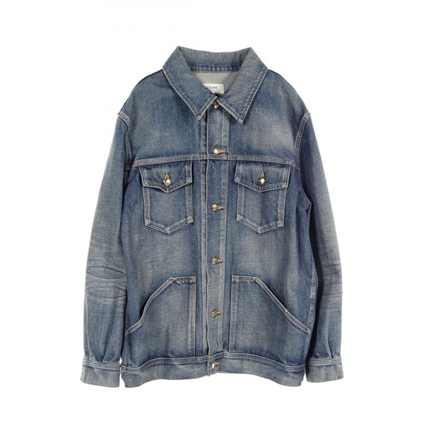 CELINE Triomphe Button Tracker Denim Jacket 2Q456365M.07DU cotton Navy Used mens