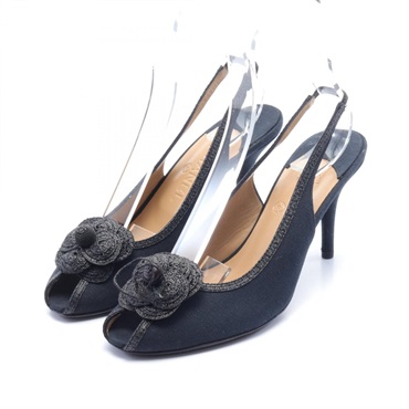 CHANEL Camellia COCO Mark Mule sandal canvas Raffia Navy Black Used Women #40