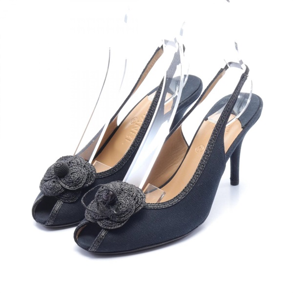 CHANEL Camellia COCO Mark Mule sandal canvas Raffia Navy Black Used Women #40