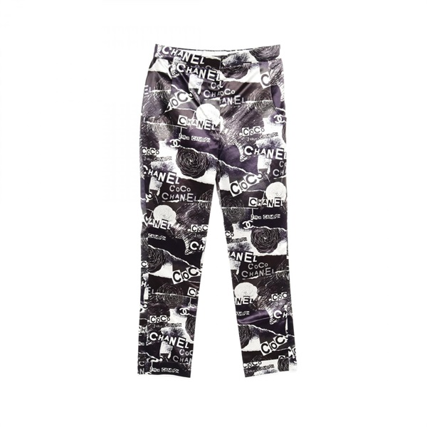 CHANEL COCO Mark Camelia Pants cotton Navy Black White Used Women size 38
