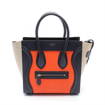 CELINE Luggage micro shopper Tote Bag 167793 leather Orange Navy Used Women