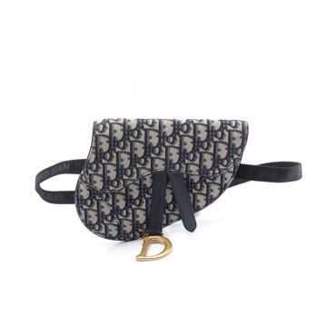 Christian Dior SADDLE Oblique Belt bag canvas leather Navy Beige Used Women