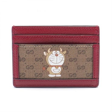GUCCI Doraemon Mini GG Supreme Card Case holder 654539 leather canvas Brown Red
