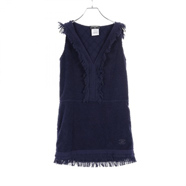 CHANEL COCO Mark Matelasse pile one piece dress #36 cotton Navy Used