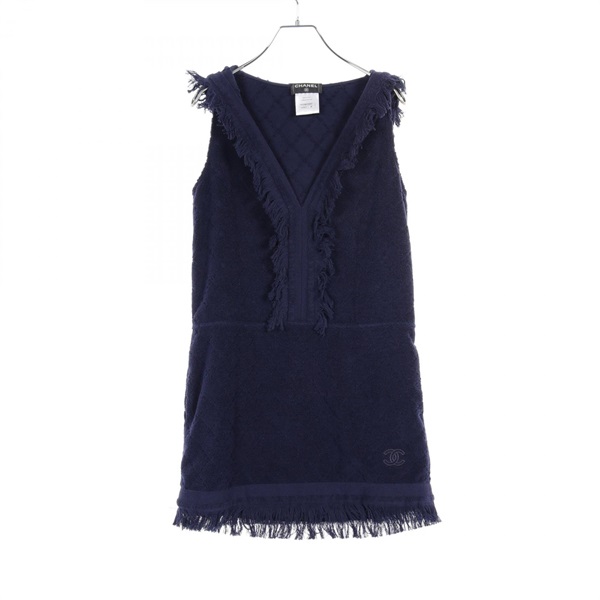 CHANEL COCO Mark Matelasse pile one piece dress #36 cotton Navy Used