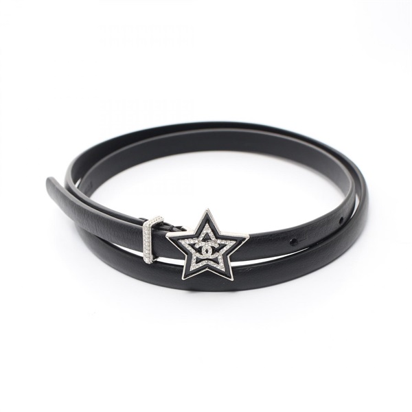 CHANEL COCO Mark Star belt leather Rhinestone Black Clear Used Women CC