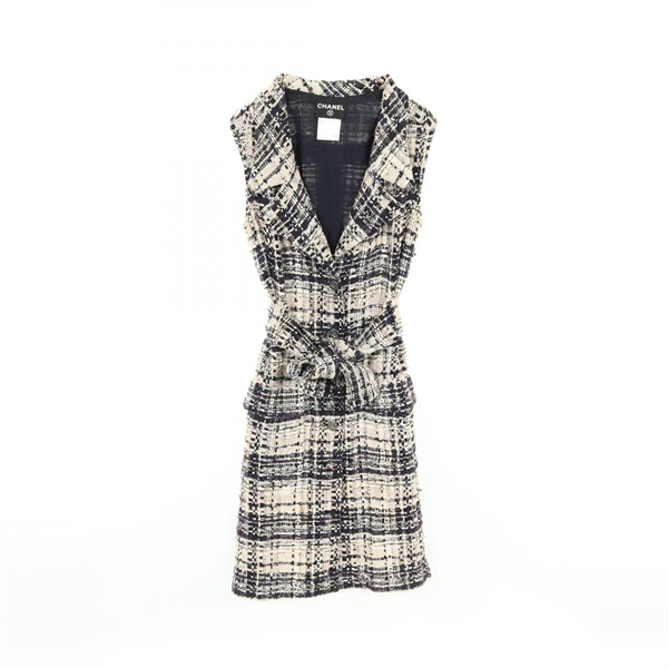 CHANEL one piece dress sleeveless #36 check P28158 Nylon cotton wool Beige used