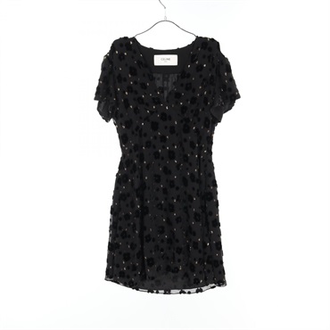 CELINE babydoll mini dress Dress #36 short sleeves 2R02L067G Rayon silk Black