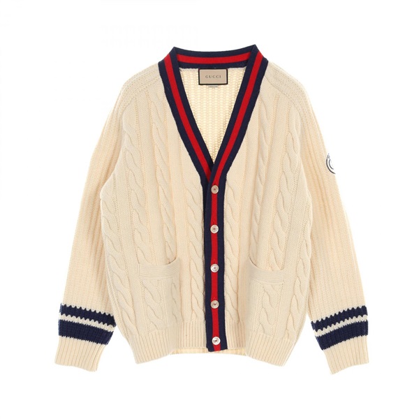 GUCCI Web stripe cardigan Jacket 763373 wool Beige Navy Red Used mens size M