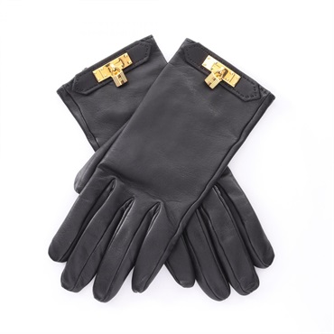 HERMES Kelly gloves Lambskin sheep leather Black Used Women GHW size 7