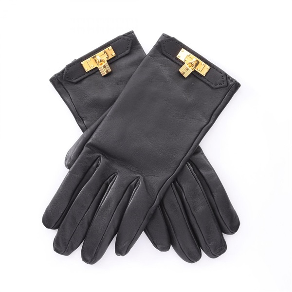 HERMES Kelly gloves Lambskin sheep leather Black Used Women GHW size 7