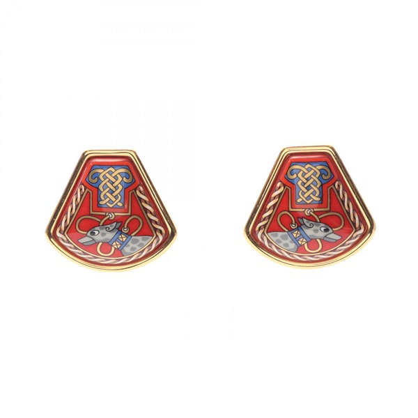 HERMES Emaille Earring Gold Plated Cloisonne Red Multicolor Used Women