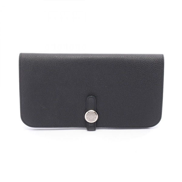 HERMES Dogon Long Bifold purse wallet X SHW Togo leather Black Used Women