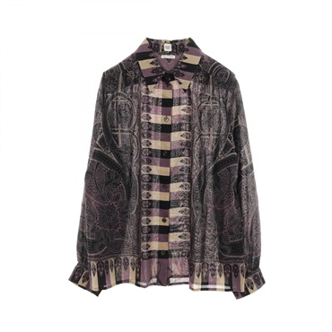 HERMES Sheer shirt blouse tops silk wool cashmere Purple Used Women #42