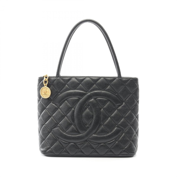 CHANEL Medallion Tote Hand Bag Grained calf leather Black Used Women GHW CC Coco