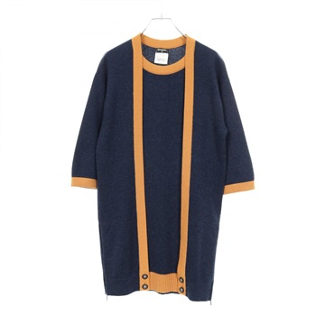 CHANEL COCO Mark button Dress Knitwear #36 P50065K cashmere Navy Yellow Used CC