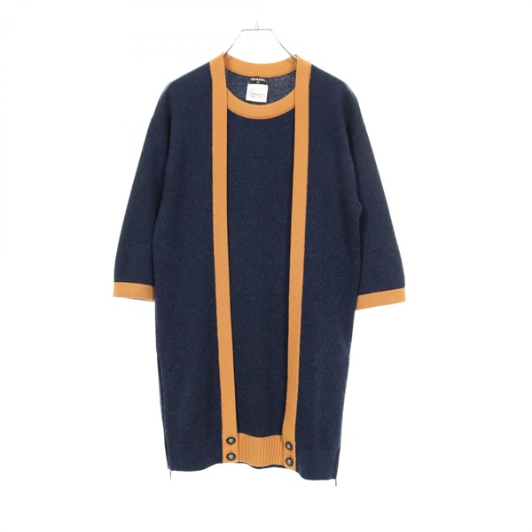 CHANEL COCO Mark button Dress Knitwear #36 P50065K cashmere Navy Yellow Used CC
