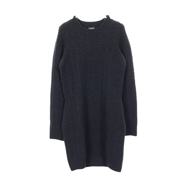 CHANEL COCO Mark button Dress P75622K10839 wool cashmere Navy Used #34 Women CC