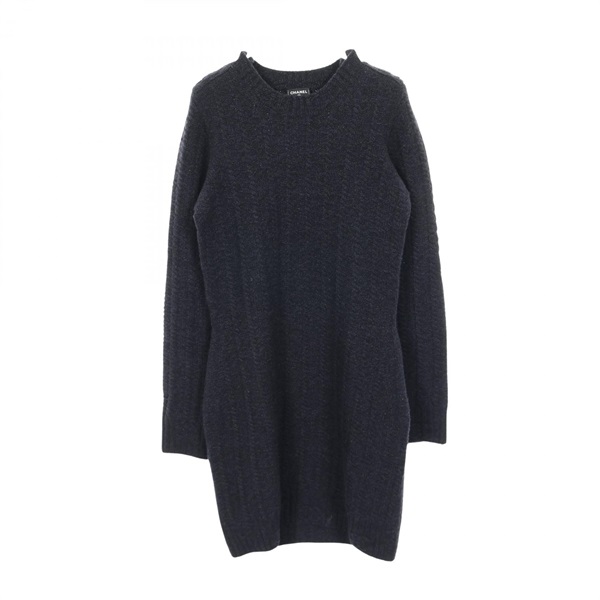CHANEL COCO Mark button Dress P75622K10839 wool cashmere Navy Used #34 Women CC