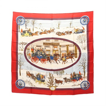 HERMES Carre 90 l'Hiver en Poste Scarf Stole Wrap silk Red Multicolor Used Women
