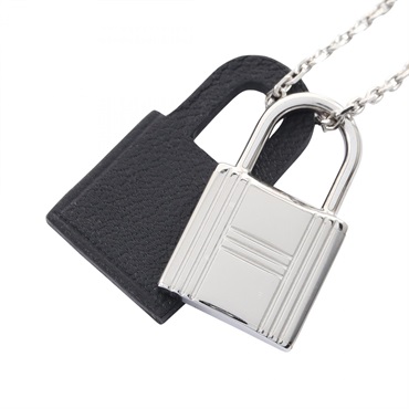 HERMES O'kelly Necklace Pendant Stainless Steel Swift leather Black Used Women