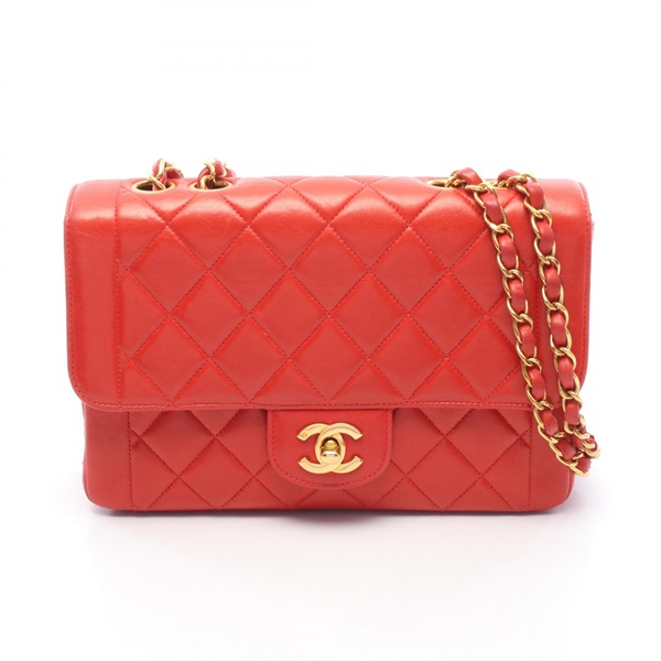 CHANEL Matelasse Chain Shoulder Bag Lambskin sheep leather Red Used Women GHW CC