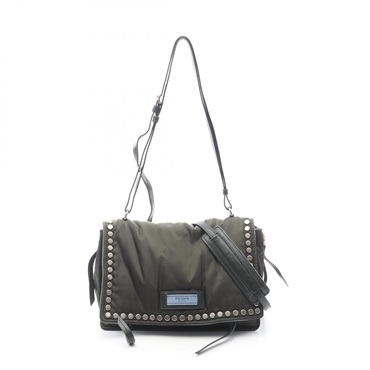 PRADA TESSUTO Shoulder Bag 1BD081 Nylon leather Khaki Blue Used Women