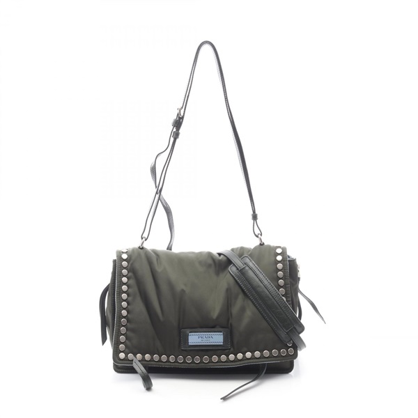 PRADA TESSUTO Shoulder Bag 1BD081 Nylon leather Khaki Blue Used Women