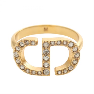 Christian Dior PETIT CD Ring Gold Plated Rhinestone Used #M JP#11