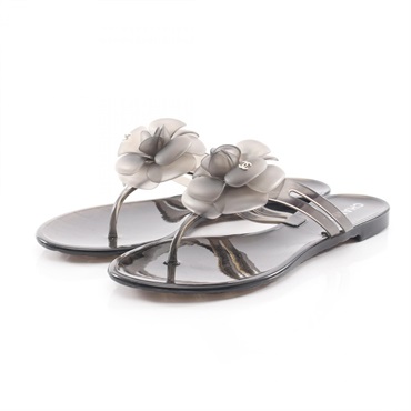 CHANEL Camelia Flat Sandals Flip-flops #38 rubber Black Used Women Coco CC
