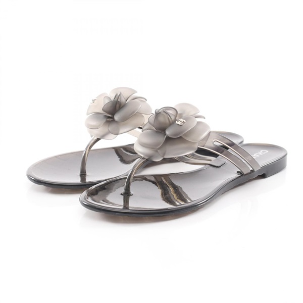 CHANEL Camelia Flat Sandals Flip-flops #38 rubber Black Used Women Coco CC