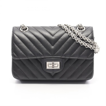 CHANEL 2.55 V-stitch Chevron Chain Shoulder Bag Calfskin Black SHW Used Women
