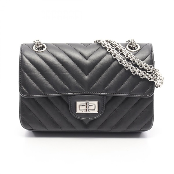 CHANEL 2.55 V-stitch Chevron Chain Shoulder Bag Calfskin Black SHW Used Women