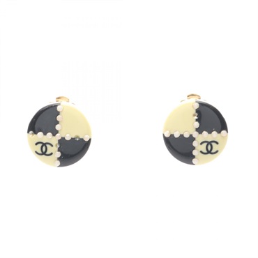 CHANEL COCO Mark Earring Gold Plated Plastic White Black Used women CC