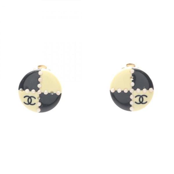 CHANEL COCO Mark Earring Gold Plated Plastic White Black Used women CC