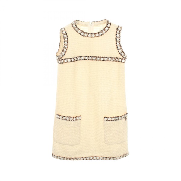 CHANEL Sleeveless Tweed Mini Dress #36 P54379V37165 wool Beige Used Women CC