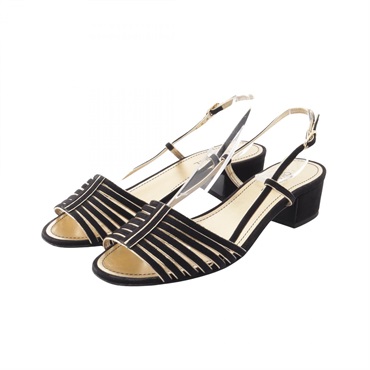 CHANEL COCO Mark Mule Sandals Heels Shoes #37 1/2 Suede Black Gold Used Women CC
