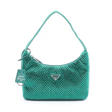 PRADA Re-Edition 2000 Handbag 1BC515 Fabric Rhinestone Green Women