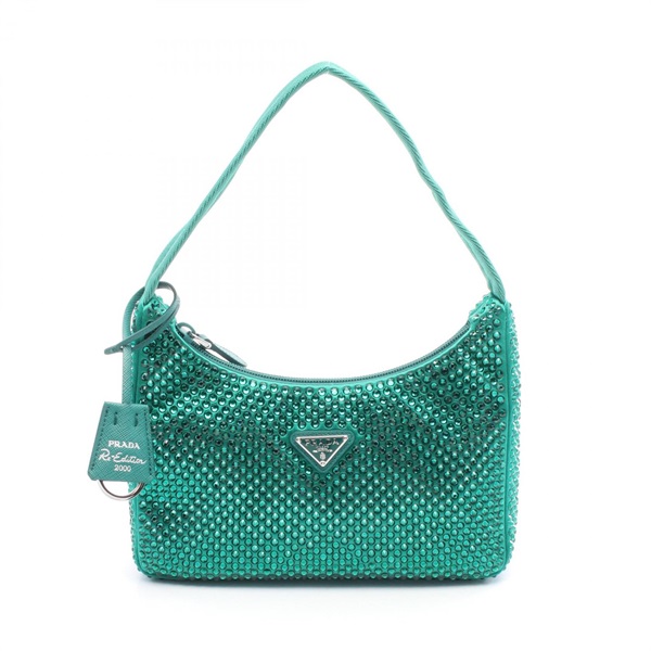 PRADA Re-Edition 2000 Handbag 1BC515 Fabric Rhinestone Green Women