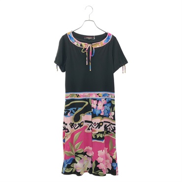 LEONARD FASHION Print Short Sleeve Dress Brown Multicolor #L Used Women