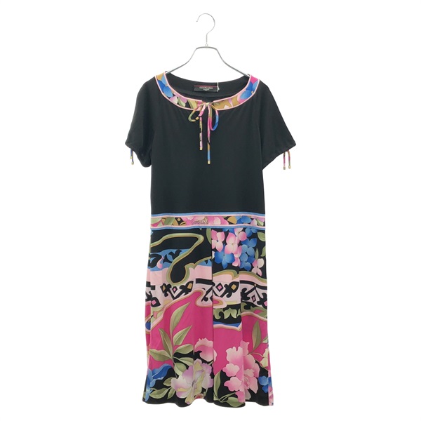 LEONARD FASHION Print Short Sleeve Dress Brown Multicolor #L Used Women