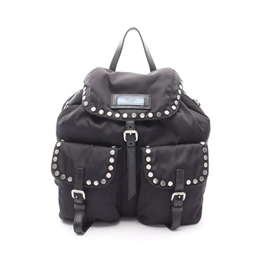 PRADA VELA Studded Backpack Bag 1BZ811 Nylon Leather Black Used Women