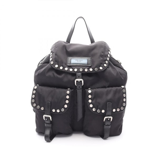 PRADA VELA Studded Backpack Bag 1BZ811 Nylon Leather Black Used Women